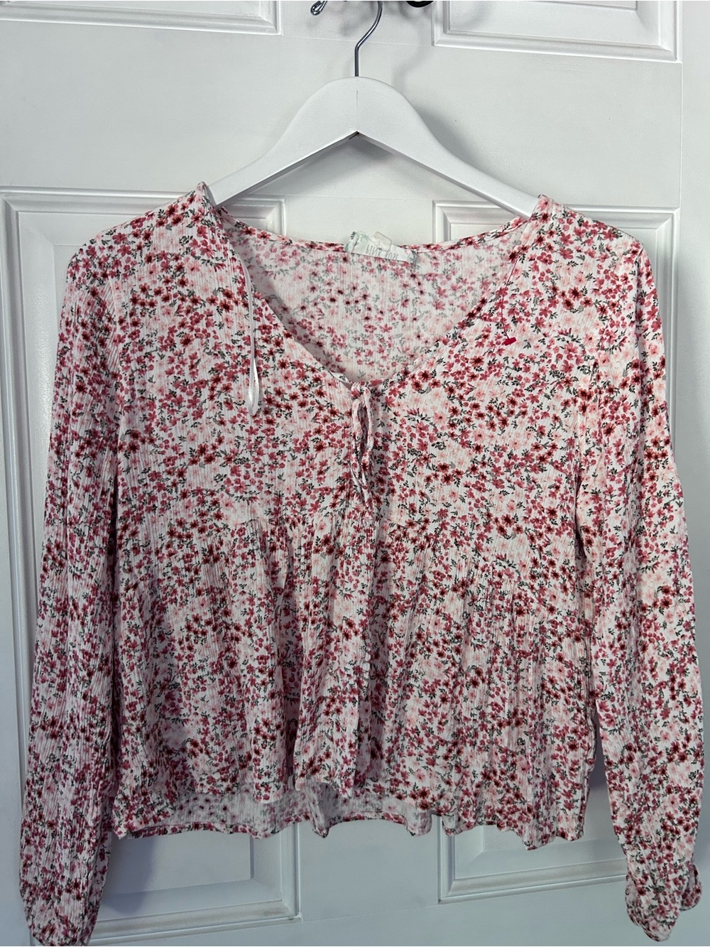 Pink Rose Pink Floral Tie-Neck Long Sleeve Blouse
